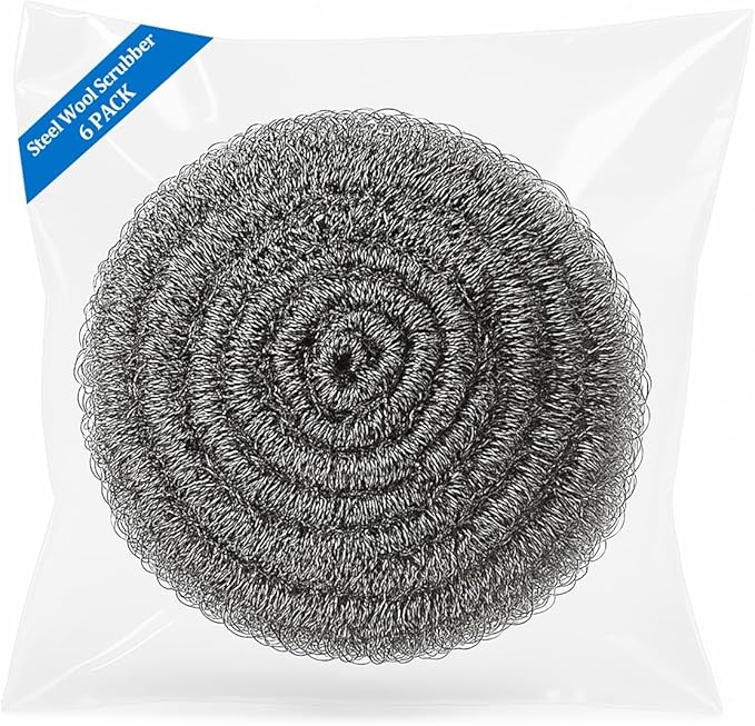 Steel Wool Scrubber Heavy-Duty Stainless Steel Scrubber Pads for Pots, Pans, Grills, and Stovetops 1.06oz, Ideal for Home and Commercial Use (6-Pack)
