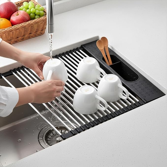 KEGFRES Roll Up Dish Drying Rack Over Sink, 17.5" x 15.2" Foldable SUS304 Stainless Steel Kitchen Dish Drainer, Heat-Resistant Multipurpose Rolling Sink Rack Organizer,Black