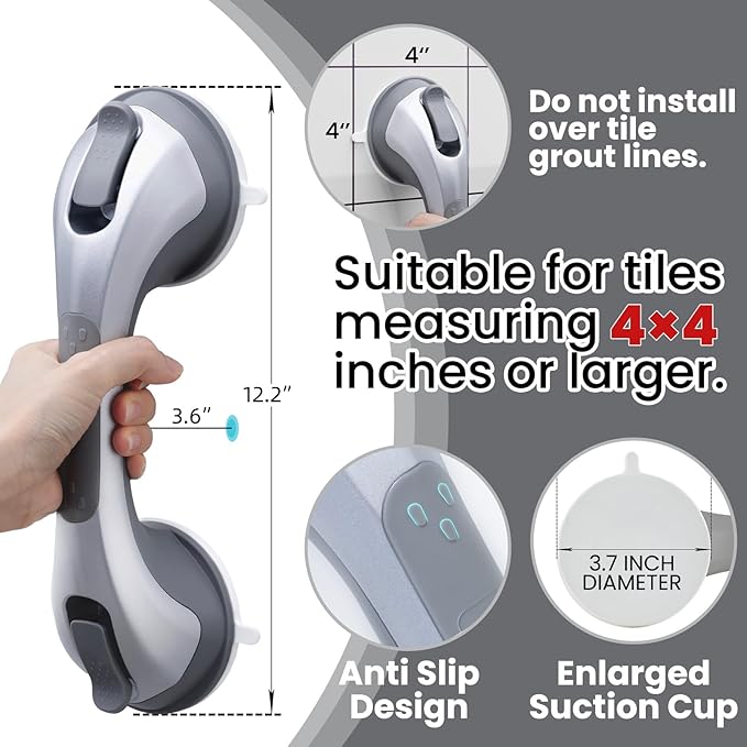 TAILI Shower Handles for Elderly Suction, 2 Pack 12 Inch Shower Grab Bars for Seniors, Grab Bars for Bathtubs and Showers, No Drilling Removable Safety Shower Grip, Silver
