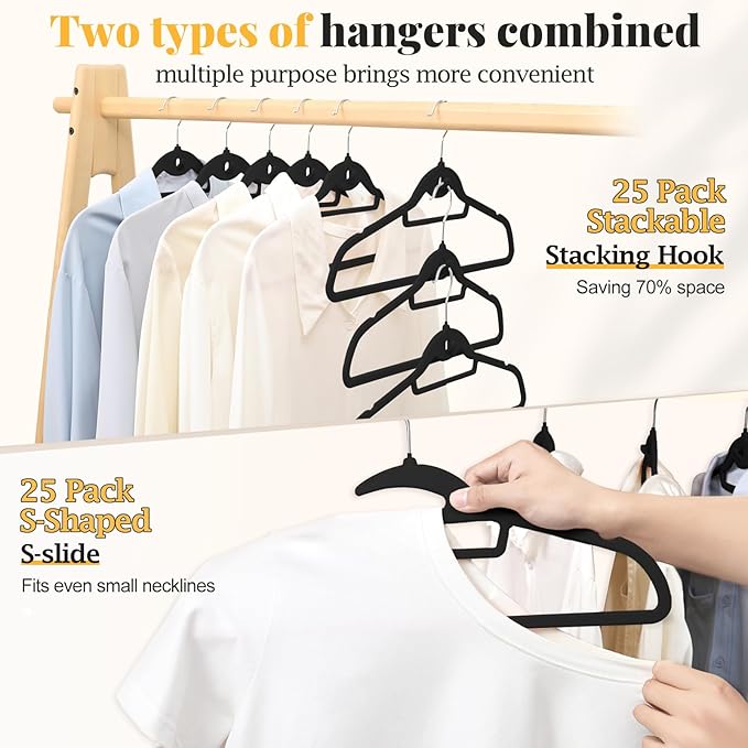 UEAKPIC Black Velvet Hangers 50 Pack, S-Shaped and Stackable Non Slip Felt Hanger with 360°Swivel Hook, Ultra Thin and Space Saving Flocked Hangers for Suits, Shirts, Coats, 15Lbs Capacity Heavy Duty