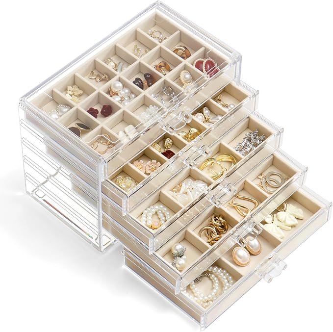 Jewelry Organizer with 5 Drawers Clear Acrylic Earring Display Case Velvet Jewelry Storage Box Display Holder for Earring Ring Bracelet Necklace (Beige, 66 Grids)