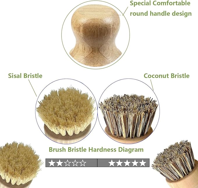 Bamboo Dish Scrub Brush with Bamboo Pan Scraper,Sisal Coconut Palm Round Brush,Effectively Use for Kitchen Pots, Bowls, Plates, Cutting Boards and Vegetables Cleaning Without Scratching