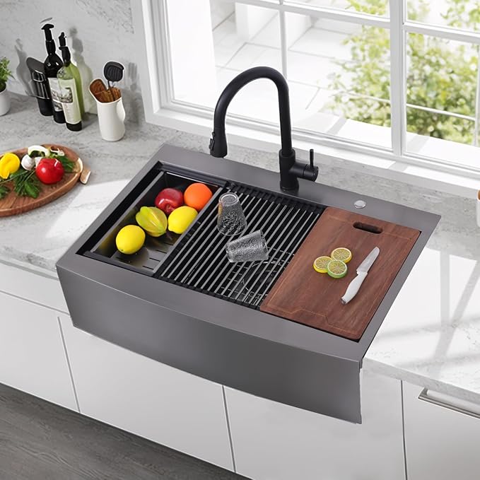 VC CUCINE 33x22 Inch Drop In Gunmetal Black Farmhouse Sink, 16 Gauge Stainless Steel Single Bowl Apron Front Workstation Farm Sink With Accessories