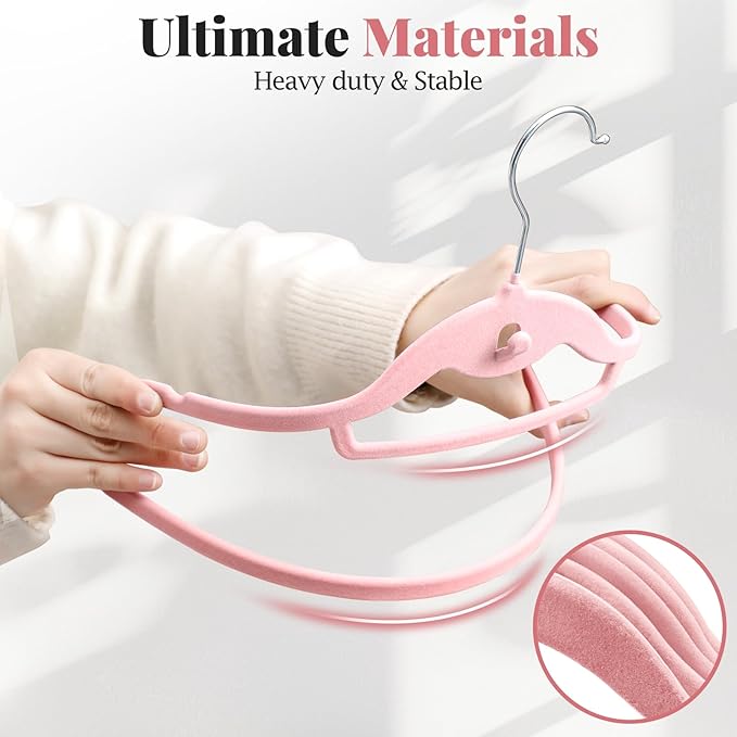 UEAKPIC Velvet Felt Stackable Hangers 50 Pack, Non Slip, with 360°Swivel Hook, Ultra Thin and Space Saving for Suits, Shirts, Coats, 15Lbs Capacity Heavy Duty, Pink
