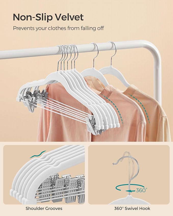 SONGMICS 20-Pack Pants Hangers, 16.7-Inch Long Velvet Hanger with Adjustable Clips, Heavy-Duty, Non-Slip Skirt Hangers, Space-Saving for Pants, Skirts, Coats, Dresses, White UCRF012W20