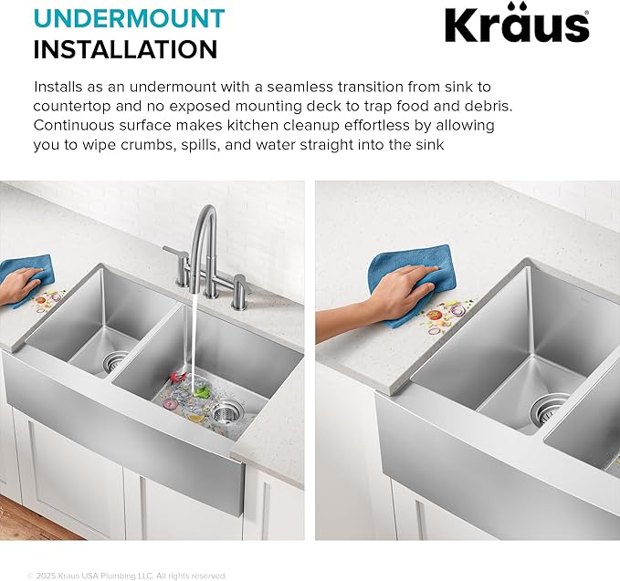 Kraus KHF204-33 Standart PRO Kitchen Stainless Steel Sink, 16 Gauge, 33" Undermount Round Apron 40/60 Double Bowl Kitchen Sink