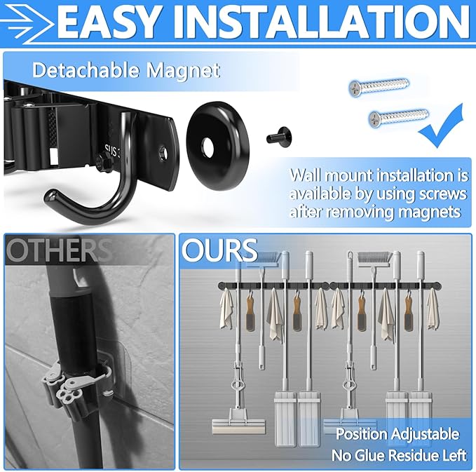 3-H Magnetic Broom Holder Wall Mount 2 Pack, 2-in-1 Dual Mount (No Drill or Screw Fix), 304 Stainless Steel Heavy Duty Magnet Mop Broom Organizer for Kitchen Garden Garage(4 Racks & 5 Hooks,Black)