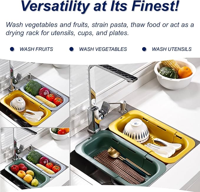 YUNKWONG Extendable Sink Colander Strainer Basket - Wash Vegetables and Fruits, Drain Cooked Pasta and Dry Dishes - Adjustable Over the Sink Colander Collapsible Drainer Basket - Green