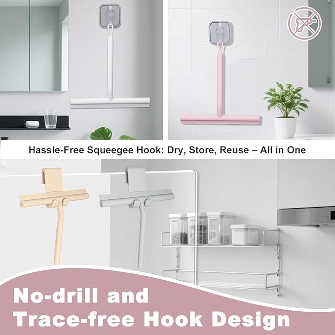 DEOFUXT Squeegee for Shower Glass Doors, Resilient Loop - No-Drill & Adhesive Hook, Silicone Shower Squeegee with Stainless Steel Core, Cleaning Tool for Home, Kitchen, Bathroom & Car - Pink