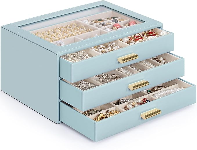 AKOZLIN Jewelry Box with Clear Lid Functional Leather Jewelry Storage Organizer Case 3 Drawers for Women Girls Necklace Ring Bracelet Earring