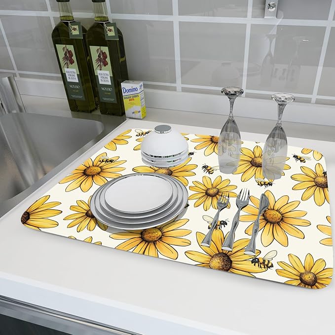 ABSOP Spring Summer Sunflower Bee Dish Drying Mat of Kitchen Counter 18×24 Inch Floral Drainer Pad Flower Dish Rack Pad Drainer Mat Washable Absorbent Reversible Microfiber for Coffee Bar
