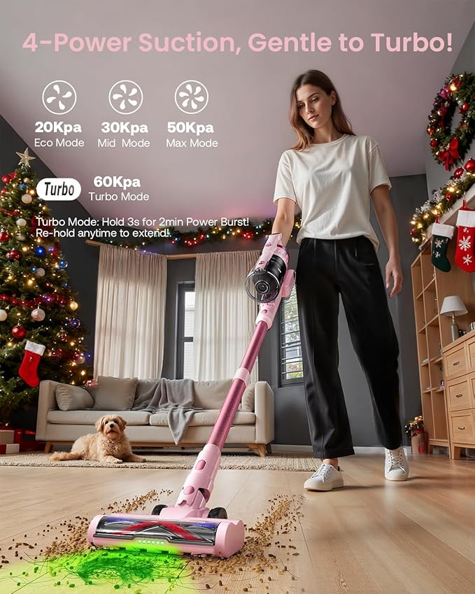 Cordless Vacuum Cleaner for Home, Upgraded 60Kpa Powerful Suction Pet Hair Vacuum with 70min Runtime, Green LED Light for Hardwood Floors & Carpet, Self-Standing Rechargeable Stick Vacuum, Light Pink