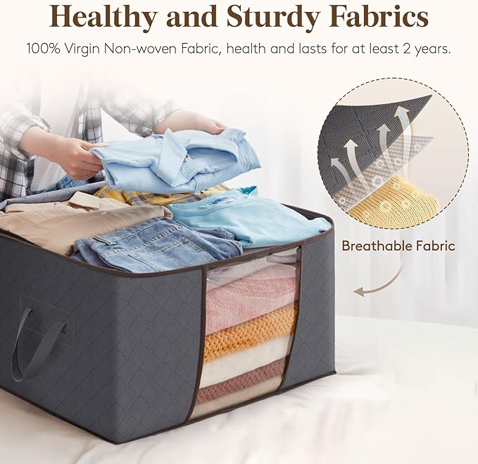 Lifewit Large Capacity Clothes Storage Bag Organizer with Reinforced Handle Thick Fabric for Comforters, Blankets, Bedding, Foldable with Sturdy Zipper, Clear Window, 18 Pack, 90L, Grey
