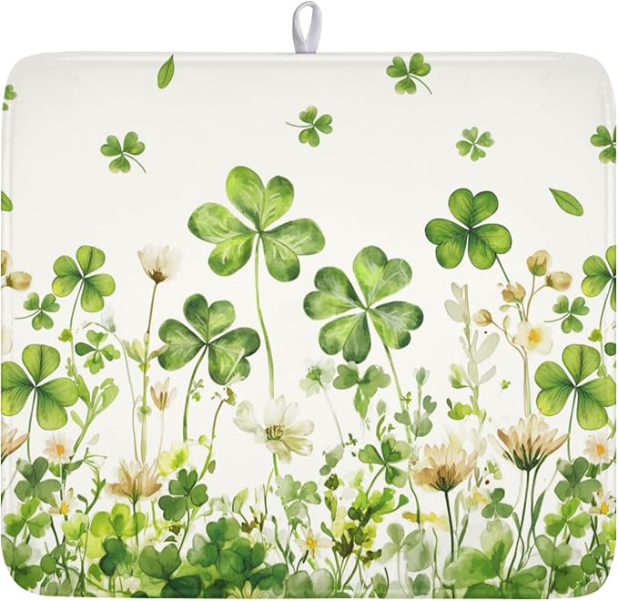 ABSOP St Patrick's Day Dish Drying Mat 16 x 18 Inch Green Clover Dish Drainer Rack Mat Absorbent Microfiber Mats for Shamrock Dish Pad Spring Lucky Dish Pad for Kitchen Bar Decor