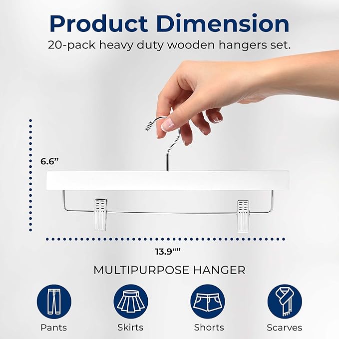 SereneLife 20 Pack Skirt and Pant Hanger with Adjustable Non-Slip Steel Clips, Premium Wooden, 360° Swivel Hook & 10 lb Capacity – Space-Saving Heavy-Duty Hangers for Jeans, Shorts & Slacks (White)