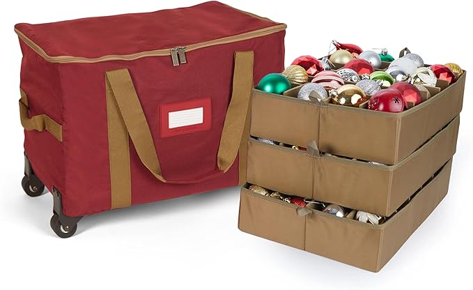 Covermates Keepsakes Rolling Adjustable Ornament Storage Bag – Heavy-Duty Polyester, FlexGrid Trays & Padded Dividers – Protective Holiday Organizer with Wheels, Handles & ID Window, Red