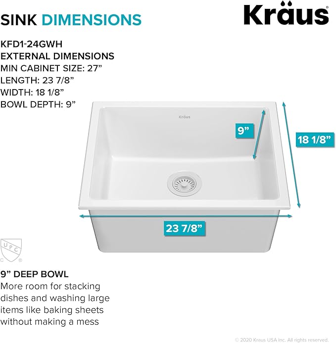 KRAUS Turino™ 24” Drop-In Undermount Fireclay Single Bowl Kitchen Sink with Thick Mounting Deck in Gloss White, KFD1-24GWH