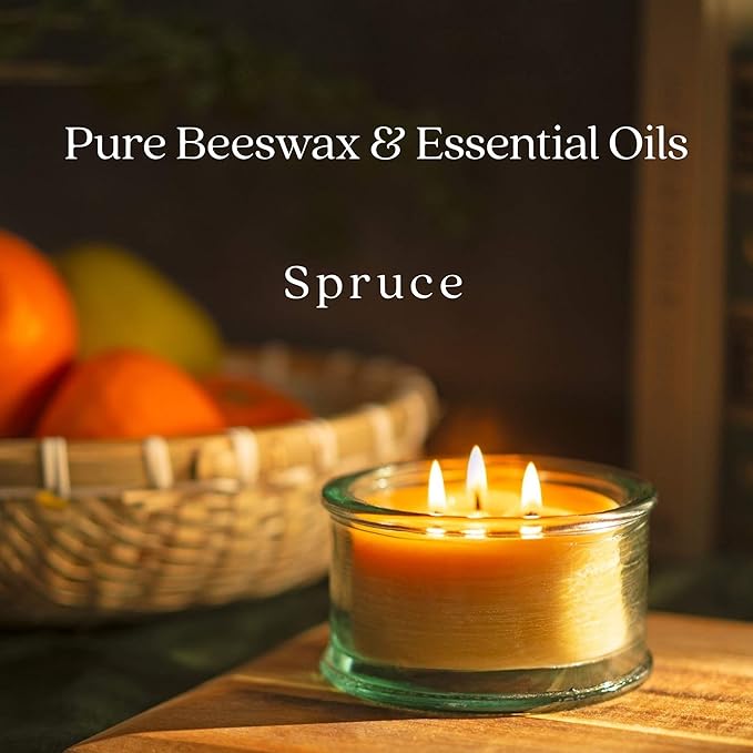 Bluecorn Beeswax 3-Wick Candle, 100% Pure Bees Wax, Spruce Scented Essential Oil Candle Wax, Soy Free, Clean Burning, Long Lasting, Gifts for Women & Men, American Made, 10 Oz