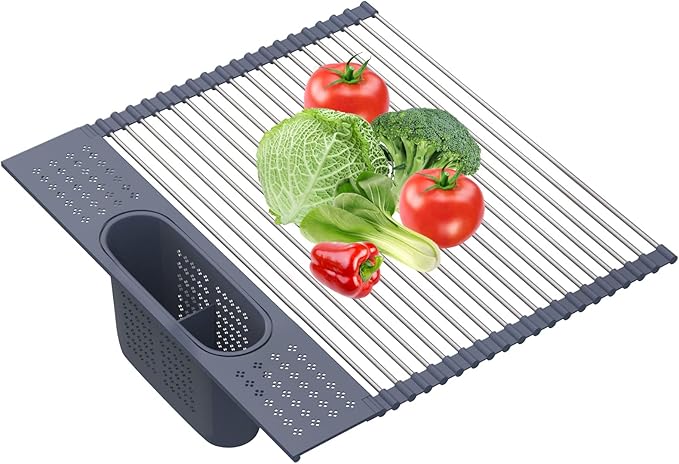 LEMIKKLE 20" x 15.2" Roll Up Dish Drying Rack Over The Sink Dish Drying Rack,Multi-Purpose Kitchen Rolling Dish Drainer Foldable SUS304 Stainless Steel Dish Drying Rack