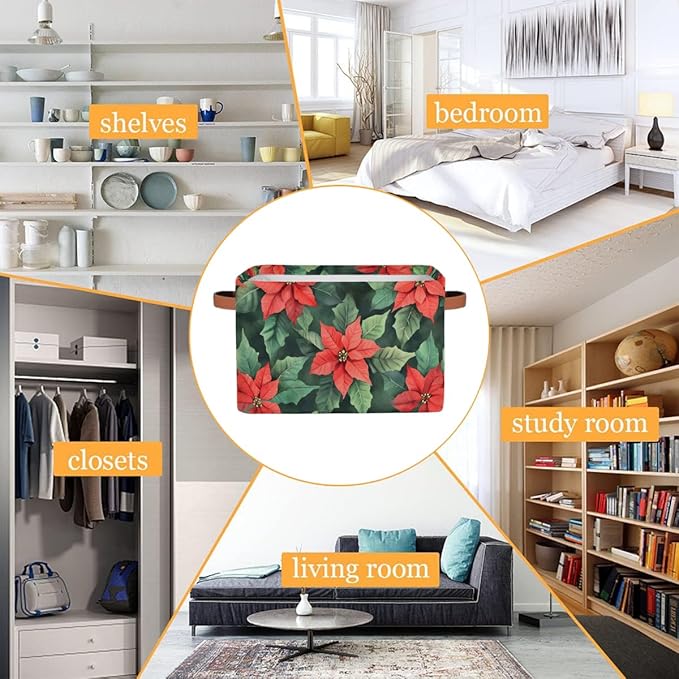 Storage Baskets Bin, Christmas Winter Poinsettia Collapsible Canvas Fabric Storage Bin Decorative Baskets Toy Organizer Rectangle Storage Boxes with Handles for Home Shelves Nursery, J-005