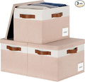 Extra Large Storage Bins with Lids, Foldable Fabric Storage Baskets with Lids, Sturdy Storage Boxes with Labels and 3 PU Handles for Closet Home Bedroom Office (32L, 3 Packs, Pink&White)
