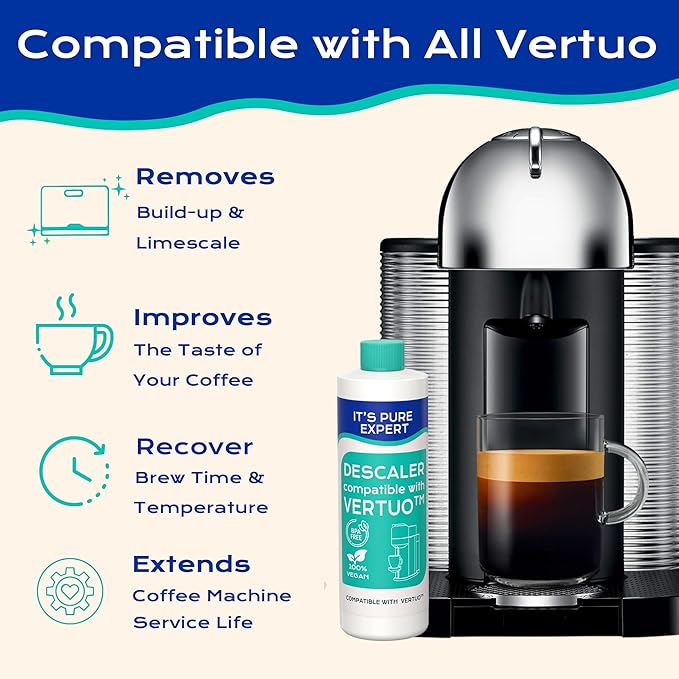 Descaling Solution Compatible With Nespresso Vertuo Coffee Machine, Eco-Friendly Formula to Clean & Descale Your Coffee Machine, 2 uses per bottle. 4 uses total, Carbon Neutral Vertuo Descaling Kit