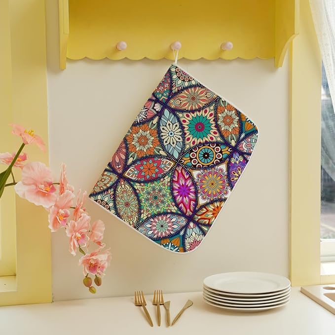 Boho Dish Drying Mat 18 x 24 Inch Vintage Bohemian Drying Mat for Kitchen Counter Absorbent Retro Dishes Dry Pad for Drainer Rack Kitchen Fast Dry
