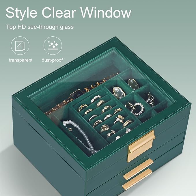 Jewelry Box Organizer for Women,3 Layers PU Leather Jewelry Storage Display Box with Glass Lid,Gift for people,3 Drawers,Large Capacity for Necklace Earrings Bracelets Rings, Dark Green