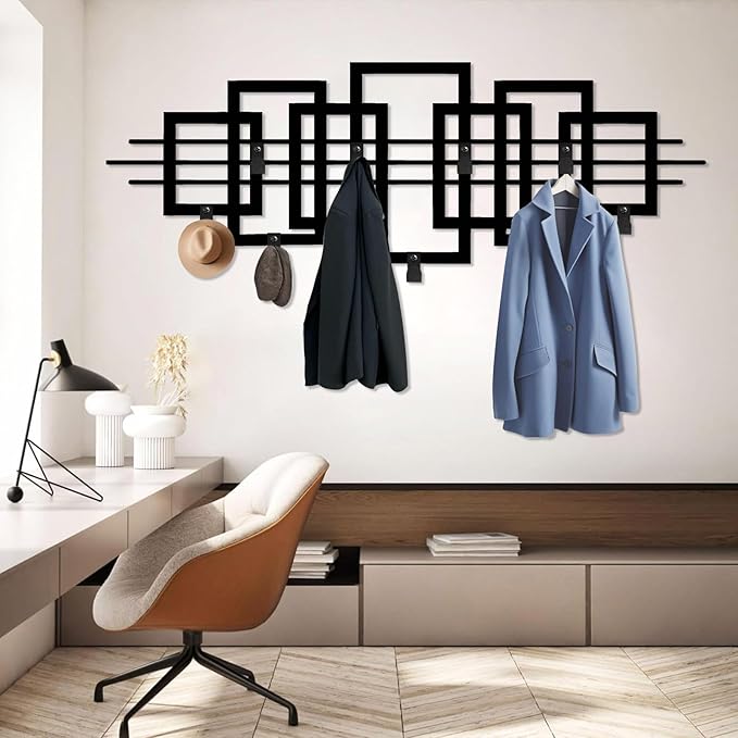 Square Metal Coat Rack, Luxury Modern Wall Mount, Geometric Square Metal Wall Mount, Geometric Clothes Hooks, Home Storage Hooks (White, 18"x53"|45x135cm)