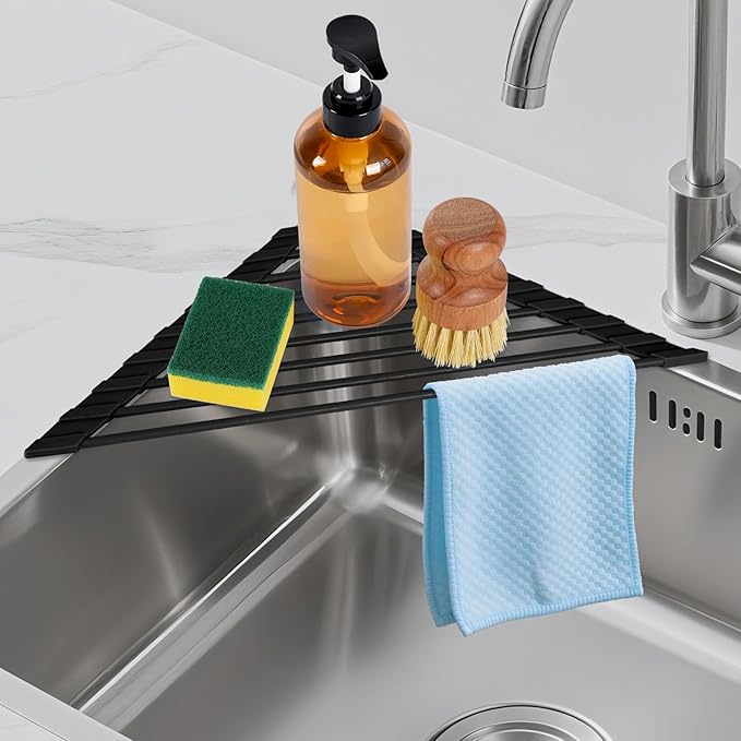 HANZENMA Triangular Sink Rack, Multi-Functional Rack Above The countertop, Foldable Sink Drying mat, Heat-Resistant, Non-Slip, and Rust-Proof Dish Rack (Black)