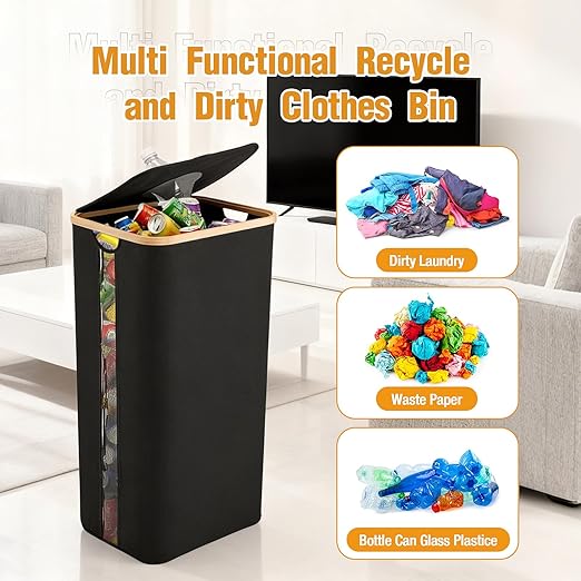 Recycle Trash Can Laundry Hamper with Lid, 100L Large Recycling Bins Laundry Basket Clothes Hamper, 26 Gallon Indoor Recycle Bin with 2 Reusable Inner Bag Bottle Cans Waste Plastice Glass