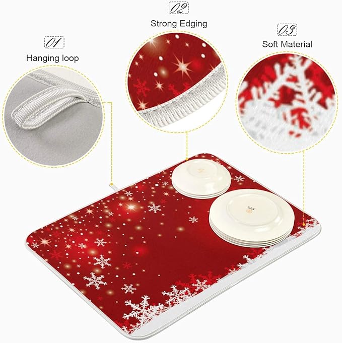 Christmas White Snowflake On Red Background Dish Drying Mat 18x24inch Dish Drainer Kitchen Counter Mats Bottles Dish Dry Pad Protector for Kitchen Countertops
