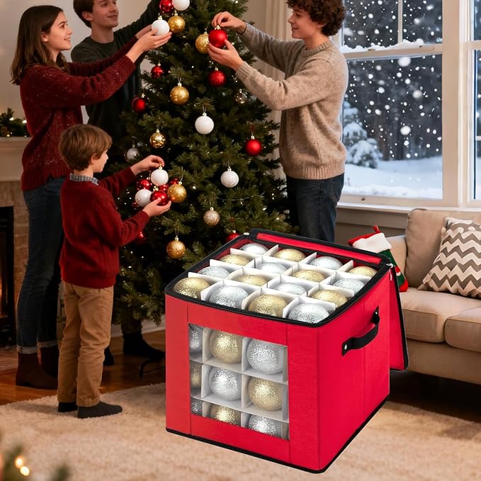 Christmas Visible Ornament Storage Box with Adjustable Dividers,Christmas Ornaments Organizer with Zipper, Storage Container Bin for Decorations(64 Ball, Red, without Tray)