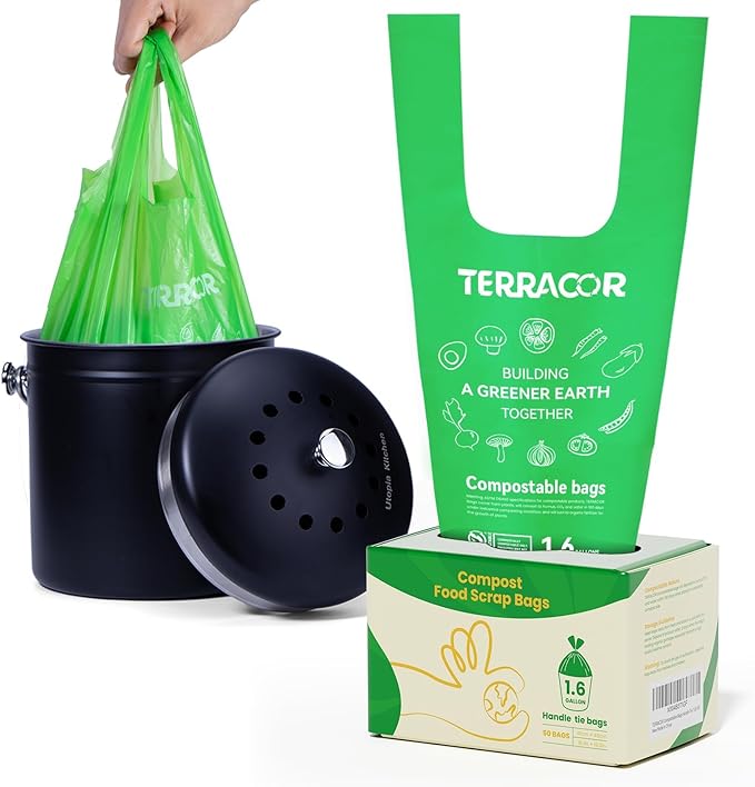 TERRACOR 1.6 Gallon Compostable Food Scrap Bags Handle Tie for Kitchen Countertop Bin, 6 Liter Small Compost Bags, 50 Count, BPI Certified and Meet The ASTM D6400 Standard