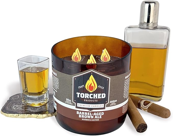 Torched Beer Scented Candles | Natural Soy Wax Candle | Barrel-Aged Brown Ale Scent 28 oz | Makes a Great Gift for Men, Beer Lovers, and Collectors | Bar Man-Cave Decor and Accessories