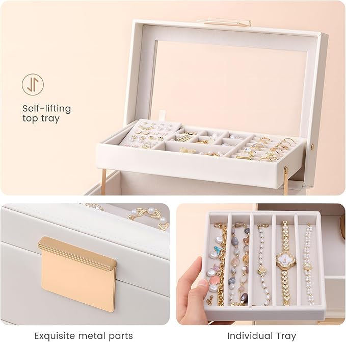 Lolalet Jewelry Box, Clear Window Jewelry Organizer with Drawer for Earrings Bracelets Necklaces Rings, Jewelry Storage for Women -White, 3 Layers