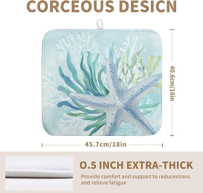 Wnoesat Summer Coastal Dish Drying Mat for Kitchen Counter Nautical Beach Starfish Coral Dish Drying Pad Ocean Teal Blue Dish Mat Absorbent Microfiber Dishes Drainer Mats 16"x18"
