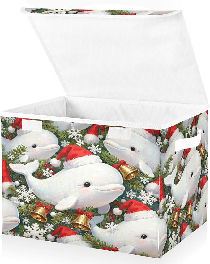 Christmas Dolphin Pattern Storage Bins with Lids Foldable Storage Basket with Handles Collapsible Large Fabric Organizer Containers for Clothes Shelves Closet Office Home