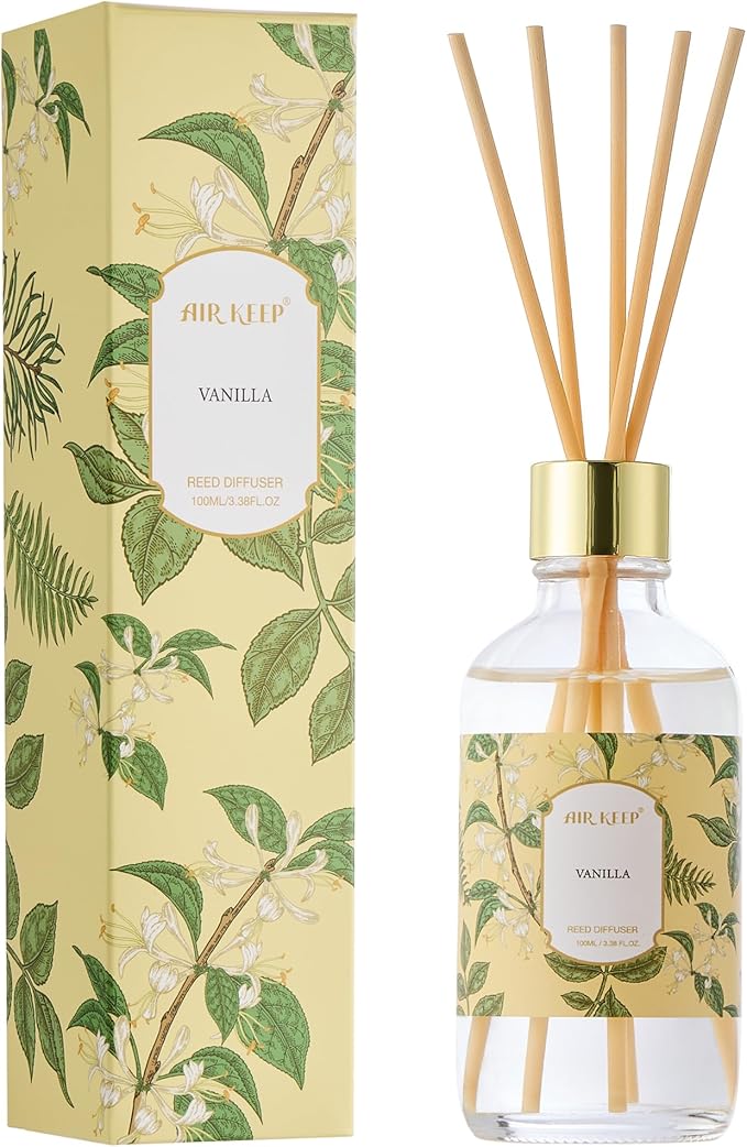 Airkeep Reed Diffuser Oil Set with Reed Sticks,Vanilla Aromatherapy Oil Scent Diffuser for Home Office Bathroom Decoration Perfume and Gifts 3.38 oz/100ml