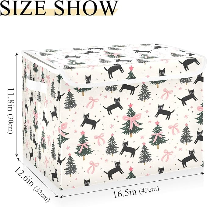 Bolaz Storage Bins with Lids and Handles,Pink Bows Cats Christmas Tree Pattern Storage Box Basket with Cover Collapsible Organizer Containers for Home Closet, Shelves