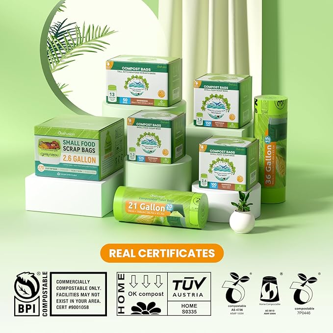 GreFusion Compostable Bags for Kitchen Compost Bin, 1.2 Gallon, 125 Count, Certified by BPI and ASTM, Leakproof and Odor Control
