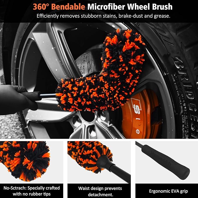 YeewayVeh 4PCS Car Wheel Cleaning Kit, 2-Size Bendable Microfiber Wool Wheel Brush Set, Tire Brush, Double-Ended Detailing Brush, Soft Non-Metallic Rim Cleaner Brushes for All Wheel Types