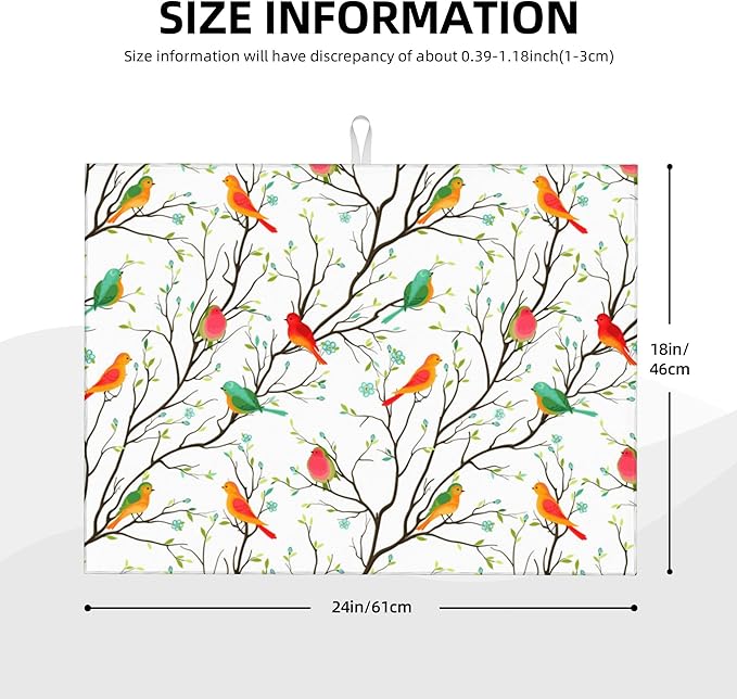 Cute Birds Kitchen Drying Mat Birds on Tree Microfiber Dish Drainer Mat for Kitchen Counter Absorbent Reusable Washable 18x24 Inch