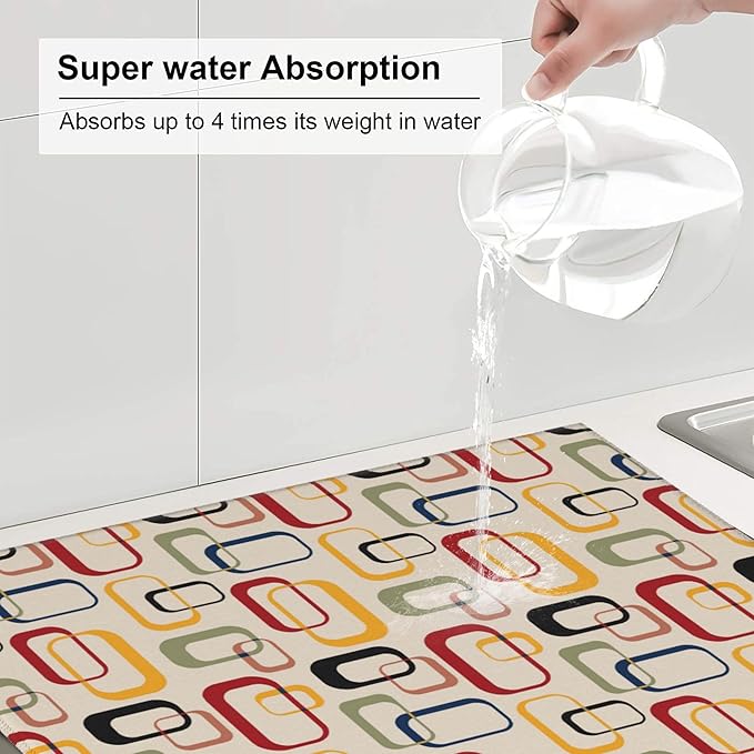 Mid Century Modern Retro Dish Drying Mat for Kitchen Counter Washable Absorbent Reversible Microfiber Vintage Decorative Drying Pad Kitchen Accessories 16x18 Inch