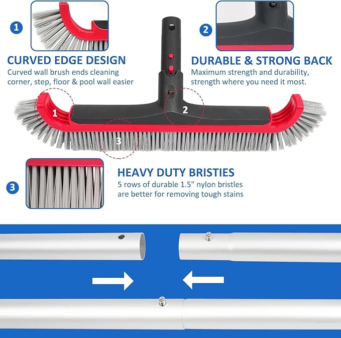 Swimming Pool Brush with Pole - 17.5" Wall Brush with 10FT Adjustable Aluminum Pole, Nylon Bristles, Curved Ends, EZ Clip Handle, Pool Brush for Cleaning Walls, Tiles & Floors