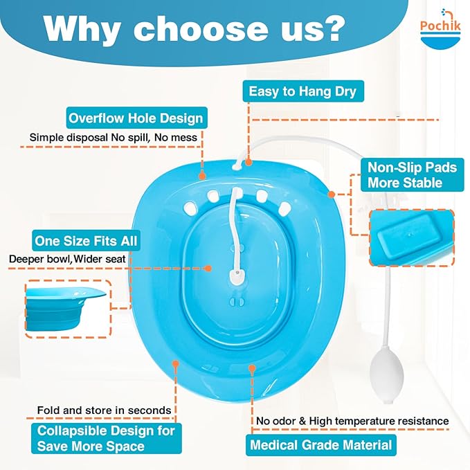 Pochik Sitz Bath for Toilet Seat Hemorrhoids and Postpartum Care, Yoni Steam Seat, Perineal Soaking, Collapsible, Flusher Hose, Drain Holes, Wider Seating Area - Navy