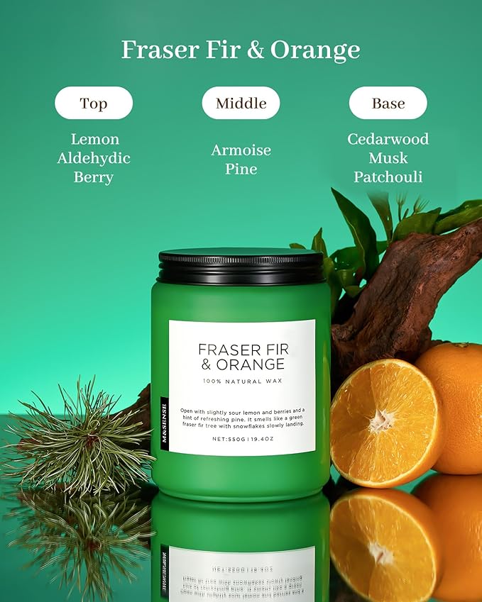 M&SENSE Fraser Fir Pine Scented Candles Large Candle for Home 19.4oz 110 Hour Clean Non Toxic Long Lasting Organic Natural Soy Wax Highly Scented Holiday Candle Gifts for Home Decor