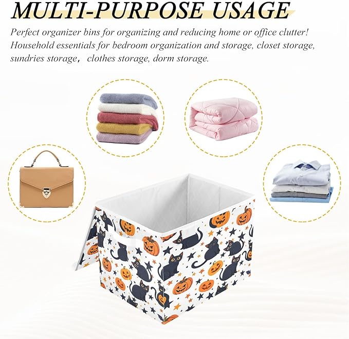 Bolaz Storage Bins with Lids and Handles,Black Cat Pumpkin Pattern Storage Box Basket with Cover Collapsible Organizer Containers for Home Closet, Shelves