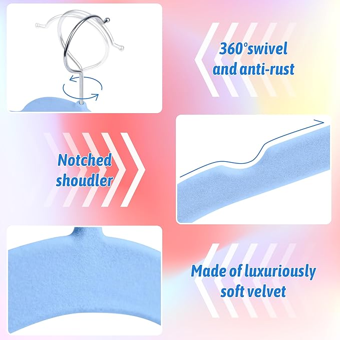 Sishynio 30 Pack Velvet Hangers Multicolor Set – Non-Slip Slim Flocked Clothes Hangers with Notches & 360° Swivel Hook, Space-Saving Felt Hangers for Dresses, Shirts, Coats