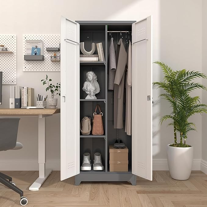 65" H Locking Storage Cabinet,Metal Broom Storage Cabinet with Doors and Adjustable Shelves,Steel Tall Garage Cabinet with Pegboard and Hanging Rod for Home Office,School,Gym,Grey-White
